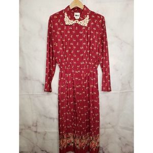 LESLIE FAY Red Floral VIntage Pleated Collar Midi Dress 8